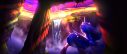 Size: 4853x2080 | Tagged: safe, artist:itssim, imported from derpibooru, princess luna, alicorn, pony, female, looking away, mare, scenery, solo, tail, tree, wallpaper, water, waterfall, windswept mane, windswept tail