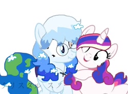 Size: 704x520 | Tagged: artist needed, safe, imported from derpibooru, oc, oc:altersmay earth, oc:crystal snow, alicorn, pegasus, pony, colored wings, duo, duo female, female, glasses, heterochromia, japanese, jewelry, looking at each other, looking at someone, necklace, one eye closed, open mouth, open smile, planet ponies, ponified, raised hoof, simple background, smiling, watermark, white background, wings