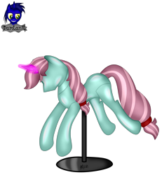 Size: 3840x4154 | Tagged: safe, artist:damlanil, imported from derpibooru, oc, oc:musica melody, pony, unicorn, bondage, clothes, collar, commission, crystal horn, encasement, fake horn, female, horn, inanimate tf, latex, magic, magic aura, mannequin, mannequin tf, mare, no mouth, objectification, pedestal, petrification, ponyquin, rubber, shiny, show accurate, simple background, solo, transformation, transparent background, vector