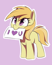 Size: 1000x1250 | Tagged: safe, artist:thebatfang, noi, earth pony, pony, female, filly, mouth hold, paper, pink background, simple background, smiling, solo