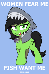 Size: 700x1050 | Tagged: safe, artist:thebatfang, oc, oc:filly anon, earth pony, pony, female, filly, looking at you, meme, open mouth, shark costume, simple background