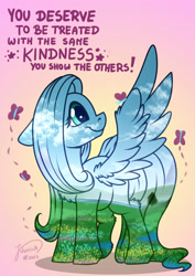 Size: 2048x2896 | Tagged: safe, artist:julunis14, imported from derpibooru, fluttershy, butterfly, pegasus, pony, female, field, gradient background, scenery, smiling, solo, spread wings, tree, wings