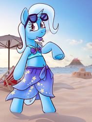 Size: 1920x2546 | Tagged: safe, artist:xppp1n, imported from derpibooru, trixie, unicorn, 3d, 3d mixed with drawing, beach, beach chair, bipedal, blender, blender cycles, chair, clothes, cooler, equestria girls outfit, female, food, mare, popsicle, sandcastle, solo, sunglasses, swimsuit, volcano