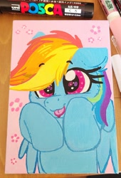 Size: 1746x2568 | Tagged: safe, artist:lbrcloud, imported from derpibooru, rainbow dash, pegasus, pony, bust, eyebrows, eyebrows visible through hair, female, portrait, smiling, solo, tongue out, traditional art