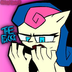 Size: 866x866 | Tagged: safe, artist:xxv4mp_g4z3rxx, imported from derpibooru, bon bon, sweetie drops, earth pony, pony, blue eyes, disgusted, female, hand, mare, solo, suddenly hands, two toned mane, vulgar