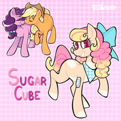 Size: 640x640 | Tagged: safe, artist:3ggmilky, imported from derpibooru, applejack, sugar belle, oc, oc:sugar cube, earth pony, bow, hair bow, insulin patch, next generation, nuzzling, patterned background, shipping