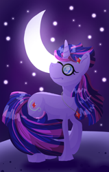 Size: 2023x3187 | Tagged: safe, artist:lindasaurie, imported from derpibooru, twilight sparkle, pony, unicorn, alternate design, female, glasses, hair accessory, high res, jewelry, lineless, mare, moon, necklace, night, night sky, redesign, redraw, sky, solo, stars, unicorn twilight