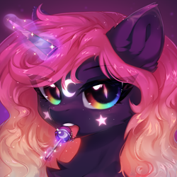 Size: 2000x2000 | Tagged: safe, artist:anku, imported from derpibooru, oc, pony, unicorn, bust, candy, chest fluff, female, food, licking, lollipop, magic, open mouth, rainbow eyes, solo, tongue out