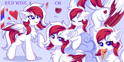 Size: 4000x2000 | Tagged: safe, artist:fluffywhirlpool, imported from derpibooru, oc, oc only, oc:red wine, pegasus, pony, butt, chest fluff, colored wings, digital art, ear fluff, floppy ears, food, pegasus oc, raised tail, reference sheet, tail, two toned hair, two toned mane, two toned tail, wings