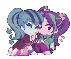 Size: 2318x1917 | Tagged: safe, artist:yanming98294, imported from derpibooru, aria blaze, sonata dusk, human, equestria girls, :3, arisona, chibi, clothes, cute, duo, eyes closed, female, lesbian, one eye closed, shipping, simple background, sitting, smiling, white background, wink