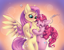 Size: 3200x2500 | Tagged: safe, artist:dlexsie, imported from derpibooru, fluttershy, pinkie pie, earth pony, pegasus, pony, bipedal, blushing, cheek fluff, cute, diapinkes, duo, eyes closed, female, high res, mare, raspberry, shyabetes, spread wings, tongue out, wings