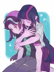 Size: 1698x2260 | Tagged: safe, artist:yanming98294, imported from derpibooru, starlight glimmer, twilight sparkle, human, equestria girls, blushing, clothes, duo, eyes closed, female, heart, hug, hug from behind, lesbian, shipping, sitting, twistarlight