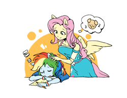Size: 2804x2169 | Tagged: safe, artist:yanming98294, imported from derpibooru, fluttershy, rainbow dash, anthro, human, pegasus, equestria girls, clothes, duo, female, flutterdash, head pat, lesbian, pat, shipping, simple background, sleeping, smiling, white background, wings
