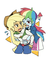 Size: 2176x2756 | Tagged: safe, artist:yanming98294, imported from derpibooru, applejack, rainbow dash, human, equestria girls, clothes, denim, duo, freckles, hat, hug, hug from behind, jacket, jeans, open mouth, pants, simple background, skirt, sweat, sweatdrop, white background