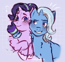 Size: 947x905 | Tagged: safe, artist:dweamypissuwu, imported from derpibooru, starlight glimmer, trixie, pony, unicorn, blushing, bust, duo, female, fluffy, hug, lesbian, shipping, simple background, smiling, startrix