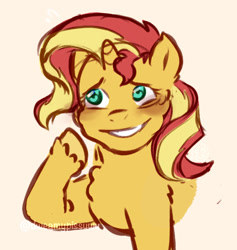 Size: 1003x1056 | Tagged: safe, artist:dweamypissuwu, imported from derpibooru, sunset shimmer, pony, unicorn, bust, female, fluffy, simple background, smiling, solo, unshorn fetlocks