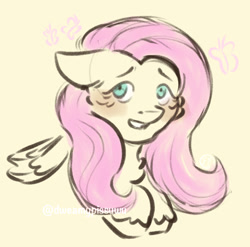 Size: 959x948 | Tagged: safe, artist:dweamypissuwu, imported from derpibooru, fluttershy, pegasus, pony, blushing, bust, female, fluffy, simple background, smiling, solo