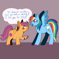 Size: 1080x1080 | Tagged: safe, artist:spaceoreosxoxo, imported from derpibooru, rainbow dash, scootaloo, pegasus, pony, blushing, colored hooves, cutie mark, dialogue, duo, emanata, female, filly, foal, mare, nonbinary, nonbinary pride flag, positive message, positive ponies, pride, pride flag, smiling, speech bubble, spread wings, talking, the cmc's cutie marks, wings