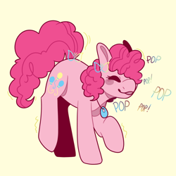 Size: 1080x1080 | Tagged: safe, artist:spaceoreosxoxo, imported from derpibooru, pinkie pie, earth pony, pony, jewelry, necklace, neurodivergent, simple background, solo, stimming, yellow background