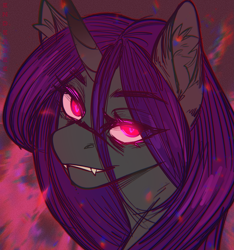 Size: 1727x1842 | Tagged: safe, artist:enderbee, imported from derpibooru, oc, oc:enderbee, pony, unicorn, bust, colored, fangs, flat colors, glowing, glowing eyes, horn, icon, long hair, portrait, profile picture, purple hair, red eyes, sketch, solo, unicorn oc