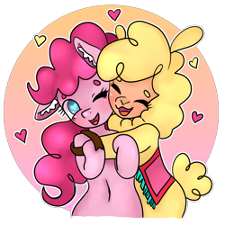 Size: 2692x2692 | Tagged: safe, artist:anykoe, imported from derpibooru, pinkie pie, alpaca, earth pony, pony, semi-anthro, them's fightin' herds, belly button, community related, contest, contest entry, female, heart, heart eyes, hug, one ear down, paprika (tfh), simple background, transparent background, wingding eyes