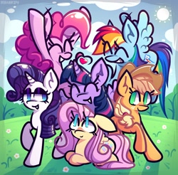 Size: 1486x1460 | Tagged: safe, artist:mihar34, imported from derpibooru, applejack, fluttershy, pinkie pie, rainbow dash, rarity, twilight sparkle, alicorn, earth pony, pegasus, pony, unicorn, eyes closed, grin, heart, lying down, mane six, mane six opening poses, smiling, standing, twilight sparkle (alicorn)