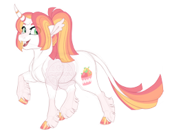 Size: 3500x2700 | Tagged: safe, artist:gigason, imported from derpibooru, oc, oc only, oc:sunrise sherbet, pony, unicorn, fangs, female, leonine tail, looking at you, magical lesbian spawn, mare, obtrusive watermark, offspring, open mouth, open smile, parent:fire flare, parent:oc:pineberry, parents:canon x oc, simple background, smiling, smiling at you, solo, tail, transparent background, watermark