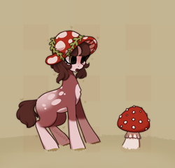 Size: 1950x1870 | Tagged: safe, artist:_alixxie_, imported from derpibooru, earth pony, pony, female, hat, mare, mushroom, mushroom hat, simple background, solo, toadstool