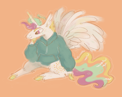 Size: 1075x860 | Tagged: safe, artist:msponies, imported from derpibooru, princess celestia, alicorn, pony, clothes, facial hair, goatee, hoodie, male, orange background, simple background, solo, spread wings, trans male, transgender, wings