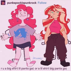 Size: 1440x1440 | Tagged: safe, artist:dreamz, imported from derpibooru, pinkie pie, sunset shimmer, human, clothes, duo, humanized, pants, redraw, shirt, short shirt, shorts, sweatpants, t-shirt