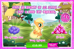 Size: 1961x1301 | Tagged: safe, imported from derpibooru, applejack, earth pony, pony, advertisement, costs real money, english, female, filly, filly applejack, foal, freckles, gameloft, gem, magic coins, mare, mobile game, my little pony: magic princess, numbers, sale, solo, text, younger, £