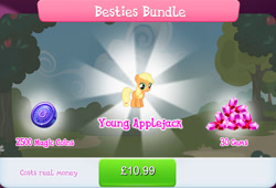 Size: 1268x860 | Tagged: safe, imported from derpibooru, applejack, earth pony, pony, bundle, costs real money, english, female, filly, filly applejack, foal, freckles, gameloft, gem, magic coins, mare, mobile game, my little pony: magic princess, numbers, sale, solo, text, younger, £