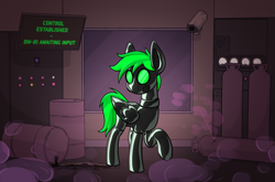 Size: 2469x1625 | Tagged: safe, artist:moonatik, imported from derpibooru, oc, oc only, oc:bytewave, pegasus, pony, barrel, camera, clothes, collar, commission, gas, gas mask, gas tank, laboratory, latex, latex socks, latex suit, male, mask, monitor, pegasus oc, rubber drone, screen, socks, solo, stallion, wings