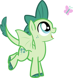 Size: 1477x1570 | Tagged: safe, artist:mishti14, imported from derpibooru, oc, oc only, oc:turquoise blitz, butterfly, dracony, dragon, hybrid, pony, kilalaverse, colt, foal, interspecies offspring, looking up, male, offspring, open mouth, open smile, parent:rarity, parent:spike, parents:sparity, simple background, smiling, solo, transparent background