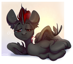 Size: 1584x1385 | Tagged: safe, artist:mithriss, imported from derpibooru, oc, oc only, alicorn, pony, ear fluff, lies, looking at you, male, sad, simple background, solo, stallion, sunlight