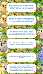 Size: 2048x3475 | Tagged: safe, idw, imported from derpibooru, applejack, fluttershy, mean fluttershy, trixie, earth pony, pegasus, pony, unicorn, the mean 6, applejack's hat, brooch, cape, clone, clothes, cowboy hat, dialogue, dialogue box, english, event, female, filly, flower, foal, folded wings, gameloft, hat, headband, idw showified, jewelry, mare, mobile game, my little pony: magic princess, poison ivyshy, speech bubble, text, trixie's cape, trixie's hat, vine, wings