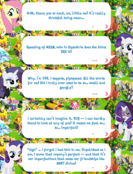 Size: 2048x2676 | Tagged: safe, idw, imported from derpibooru, fluttershy, mean rarity, rarity, pegasus, pony, unicorn, the mean 6, brooch, cloak, clone, clothes, dialogue, dialogue box, doctor doomity, english, event, female, filly, foal, gameloft, horn, idw showified, jewelry, mare, mask, mobile game, my little pony: magic princess, speech bubble, spread wings, text, wings