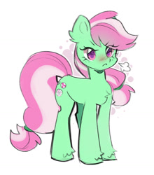 Size: 1280x1453 | Tagged: safe, artist:pledus, imported from derpibooru, minty, earth pony, pony, :c, >:c, angry, blushing, chest fluff, colored pupils, cute, ear fluff, eyebrows, eyebrows visible through hair, female, frown, full body, hair over one eye, hoof fluff, madorable, mare, minty (g4), pouting, simple background, solo, standing, three quarter view, white background