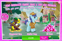 Size: 1958x1297 | Tagged: safe, imported from derpibooru, deep clean, earth pony, pony, advertisement, bush, clothes, costs real money, english, gameloft, gem, hat, mobile game, my little pony: magic princess, numbers, sale, slide, solo, text, tree