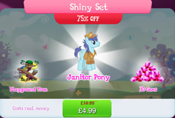 Size: 1269x858 | Tagged: safe, imported from derpibooru, deep clean, earth pony, pony, bundle, bush, clothes, costs real money, english, gameloft, gem, hat, janitor, mobile game, my little pony: magic princess, numbers, palindrome get, sale, slide, solo, text, tree, £