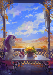 Size: 2067x2953 | Tagged: safe, artist:natanatfan, imported from derpibooru, rarity, pony, unicorn, autumn, chair, cup, female, mare, potted plant, scenery, sitting, solo