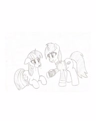 Size: 1275x1650 | Tagged: safe, artist:artevi, imported from derpibooru, twilight sparkle, oc, oc:littlepip, pony, unicorn, fallout equestria, crying, pencil drawing, pipbuck, smiling, traditional art