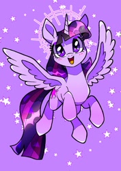 Size: 1448x2048 | Tagged: safe, artist:stacy_165cut, imported from derpibooru, twilight sparkle, alicorn, pony, flying, halo, happy, looking at you, open mouth, open smile, smiling, solo, spread wings, twilight sparkle (alicorn), wings