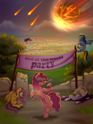 Size: 1280x1707 | Tagged: safe, artist:zetamad, imported from derpibooru, fluttershy, pinkie pie, rainbow dash, rarity, twilight sparkle, alicorn, earth pony, pegasus, pony, unicorn, asteroid, atg 2023, banner, end of the world, family guy death pose, female, flying, holding head, imminent death, leg band, lying down, mare, meteor, moments before disaster, newbie artist training grounds, one of these things is not like the others, party, party horn, scared, spread wings, this will end in death, twilight sparkle (alicorn), wings, xk-class end-of-the-world scenario