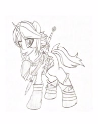 Size: 1275x1650 | Tagged: safe, artist:artevi, imported from derpibooru, pony, unicorn, ciri, clothes, female, mare, pencil drawing, ponified, solo, sword, traditional art, video game, weapon, witcher