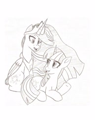 Size: 1275x1650 | Tagged: safe, artist:artevi, imported from derpibooru, twilight sparkle, alicorn, pony, unicorn, crown, duo, jewelry, older, older twilight, pencil drawing, regalia, traditional art, twilight sparkle (alicorn), unicorn twilight