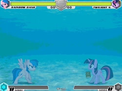 Size: 1080x809 | Tagged: safe, imported from derpibooru, firefly, rainbow dash, twilight sparkle, pegasus, pony, unicorn, fighting is magic, bipedal, book, duo, fan game, female, g1, game, levitation, magic, mare, palette swap, recolor, telekinesis, underwater, water