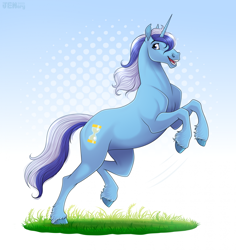 Size: 1864x1976 | Tagged: safe, artist:jenery, imported from derpibooru, minuette, pony, unicorn, female, g4, grass, hoers, hooves, leaping, looking at you, mare, simple background, smiling, smiling at you, solo, unshorn fetlocks