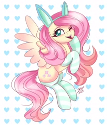 Size: 2150x2500 | Tagged: safe, artist:galaxy swirl, imported from derpibooru, fluttershy, pegasus, pony, ;p, bunny ears, clothes, cute, heart, heart background, looking at you, one eye closed, open mouth, open smile, shyabetes, smiling, socks, solo, striped socks, tongue out, wink, winking at you