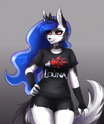 Size: 1600x1900 | Tagged: safe, artist:serodart, imported from derpibooru, princess luna, anthro, demon, hellhound, clothes, cosplay, costume, furry, gradient background, hellborn, helluva boss, loona (helluva boss), louna, princess loona, pun, solo